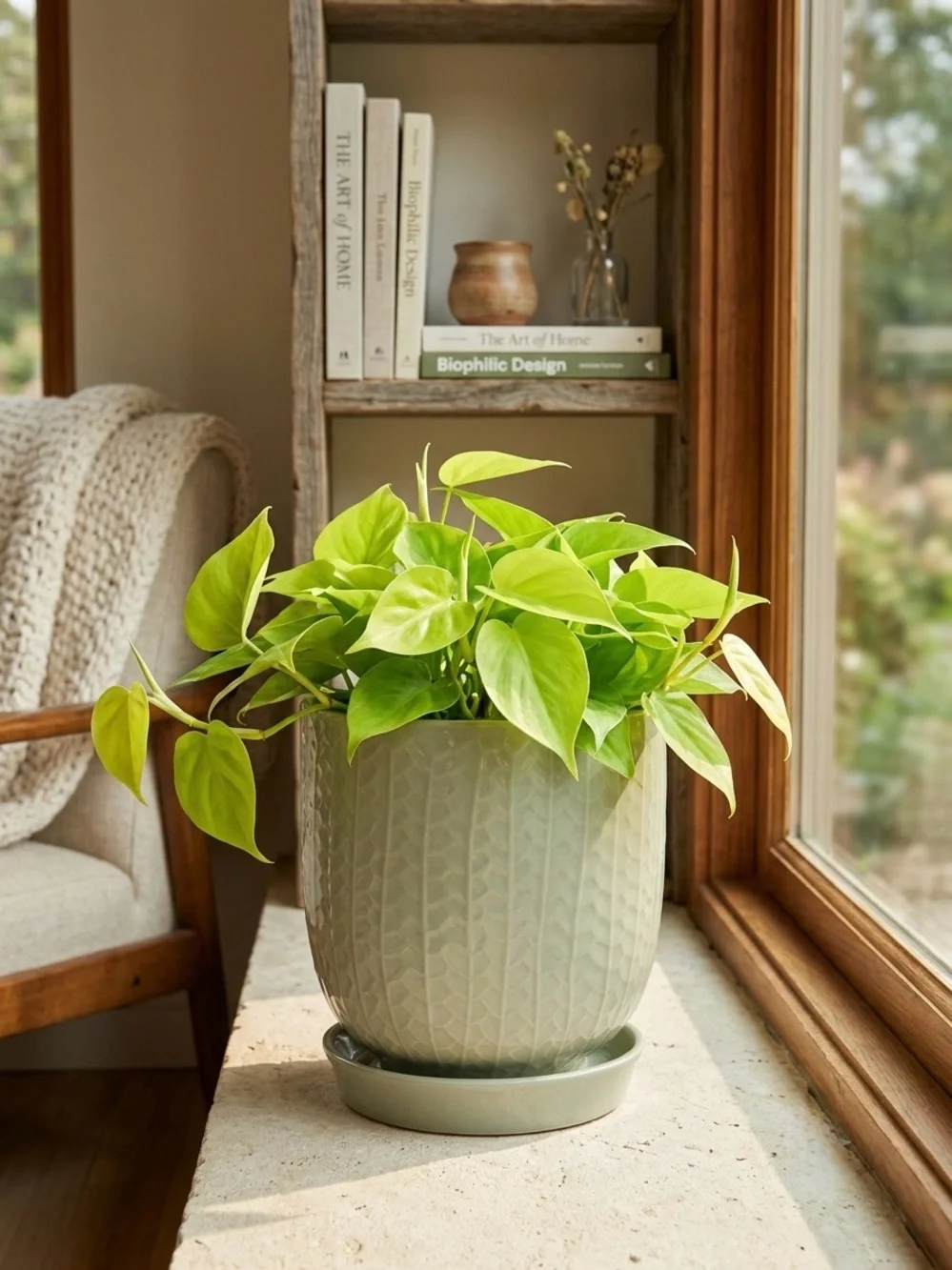 Sage Green Ceramic Planter with Attached Saucer, 7 Inch Textured Flower Pot